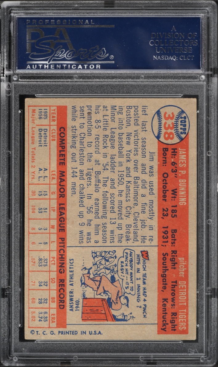 1957 Topps Jim Bunning ROOKIE #338 PSA 6 EXMT