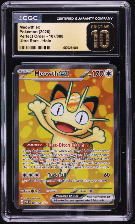 2026 Pokemon Mega Evolution Perfect Order Full Art Meowth ex #107 CGC 10 PRISTINE