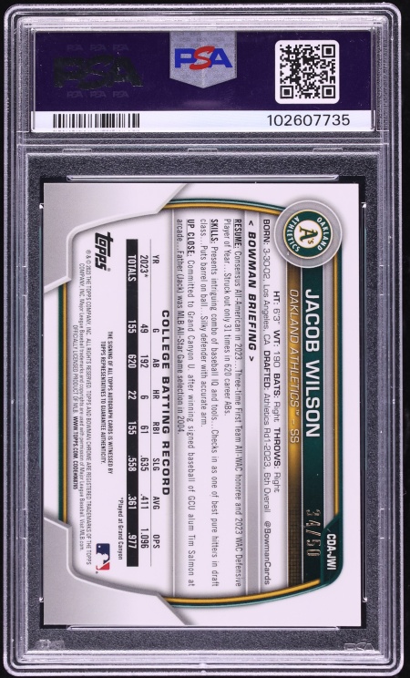 2023 Bowman Chrome Draft Gold Refractor Jacob Wilson PROSPECT AUTO /50 PSA 10 GEM MINT