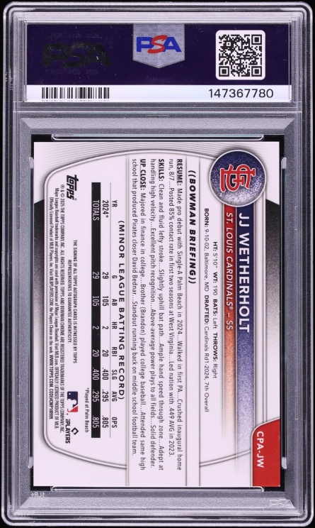 2025 Bowman Chrome Blue Refractor JJ Wetherholt PROSPECT AUTO /150 #CPAJW PSA 10 GEM MINT