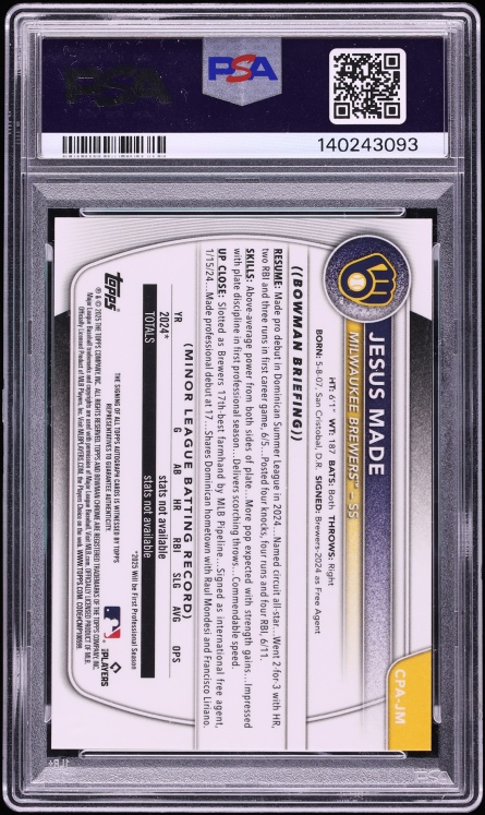 2025 Bowman Chrome Green Shimmer Jesus Made PROSPECT AUTO /99 #CPAJM PSA 10 GEM MINT