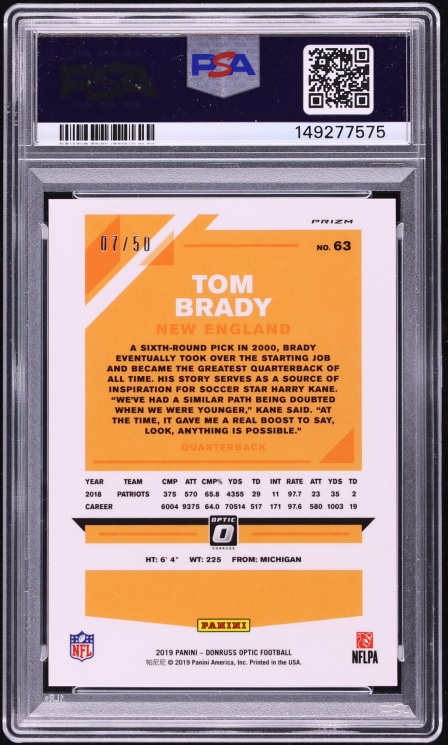2019 Donruss Optic Purple Tom Brady /50 #63 PSA 10 GEM MINT