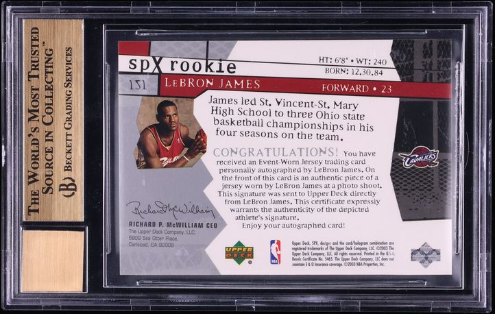 2003 SPx Basketball LeBron James ROOKIE PATCH AUTO /750 #151 BGS 10 PRISTINE