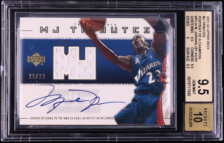 2001 Upper Deck MJ Tributes Portrait Of A Champion Michael Jordan PATCH AUTO /23 #PCJ4 BGS 9.5