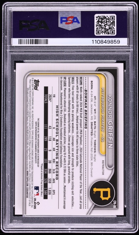 2024 Bowman Chrome Draft Refractor Konnor Griffin PROSPECT AUTO /499 #CPA-KG PSA 10 GEM MINT