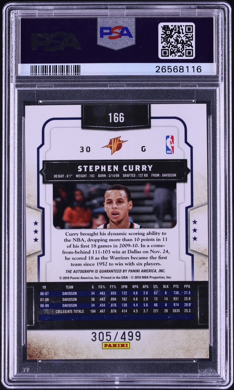 2009 Panini Classics Stephen Curry ROOKIE AUTO DNA 10 /499 #166 PSA 10 GEM MINT