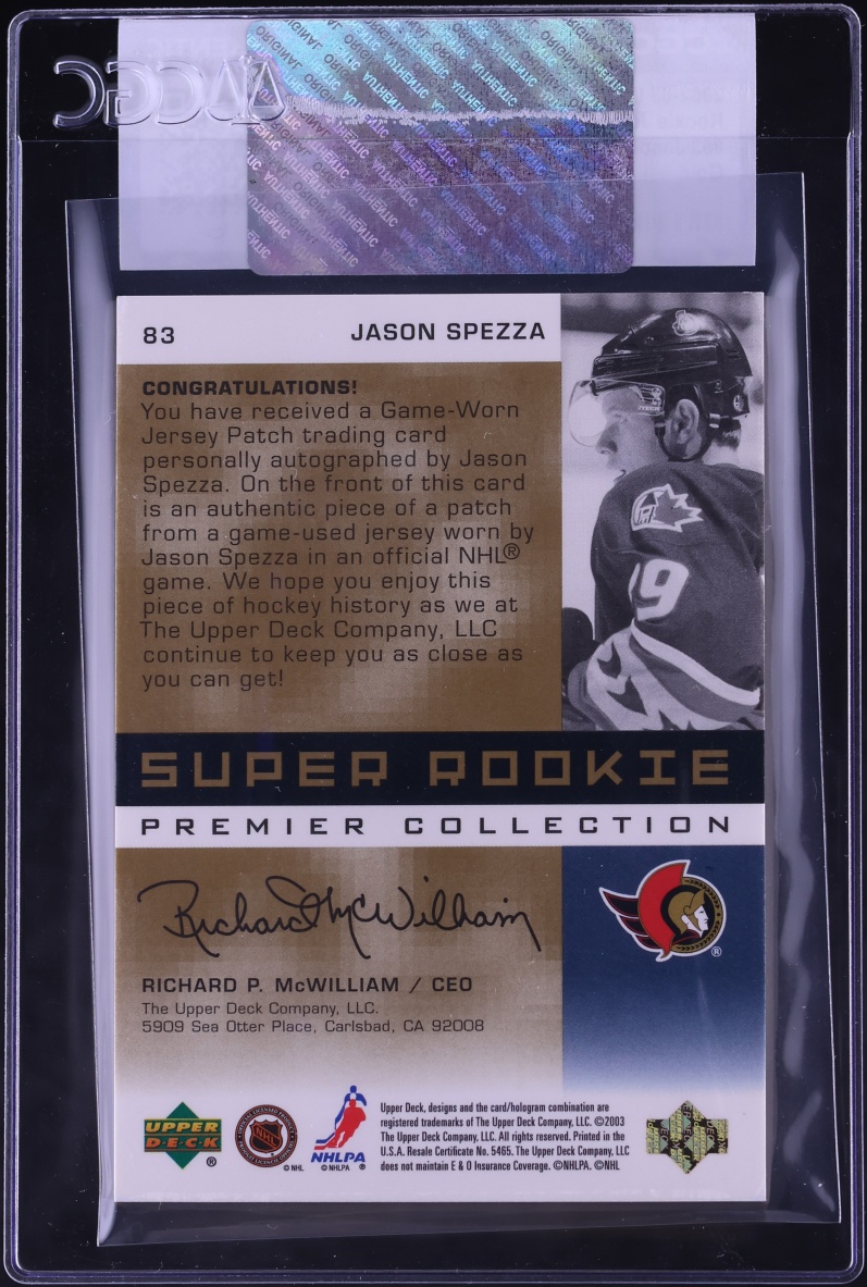2002 Upper Deck Premier Collection Gold Jason Spezza ROOKIE PATCH AUTO 1/15 #83 CGC AUTH