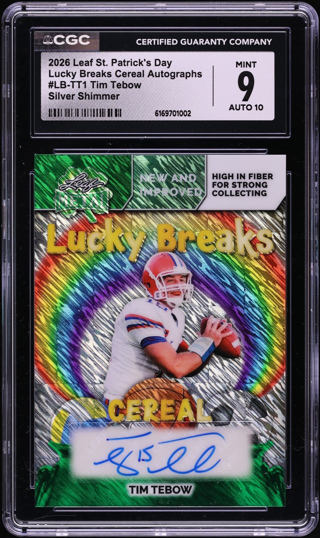 2026 Leaf St. Patrick's Day Lucky Breaks Cereal Silver Shimmer Tim Tebow AUTO /3 CGC 9 MINT