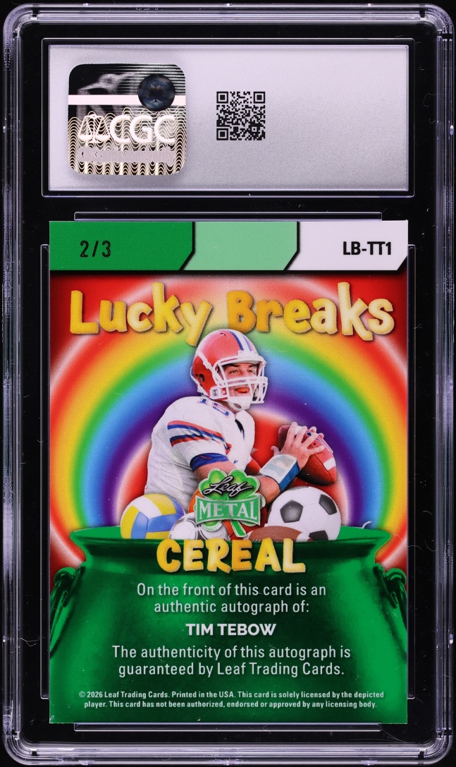 2026 Leaf St. Patrick's Day Lucky Breaks Cereal Silver Shimmer Tim Tebow AUTO /3 CGC 9 MINT