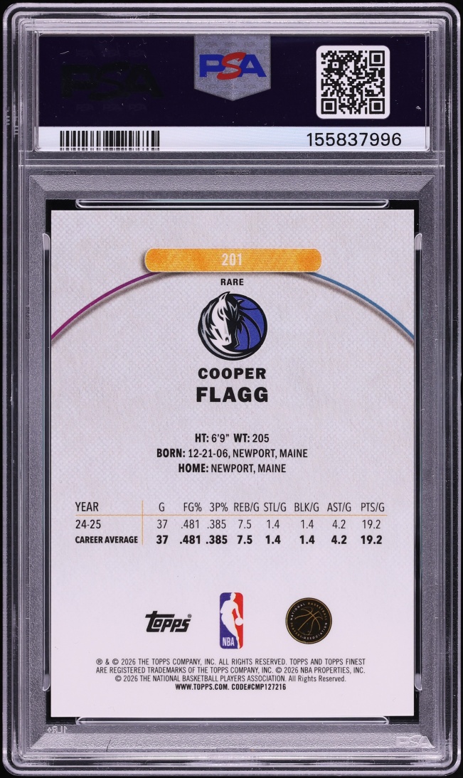 2025 Finest Green Refractor Cooper Flagg ROOKIE /25 #201 PSA 10 GEM MINT