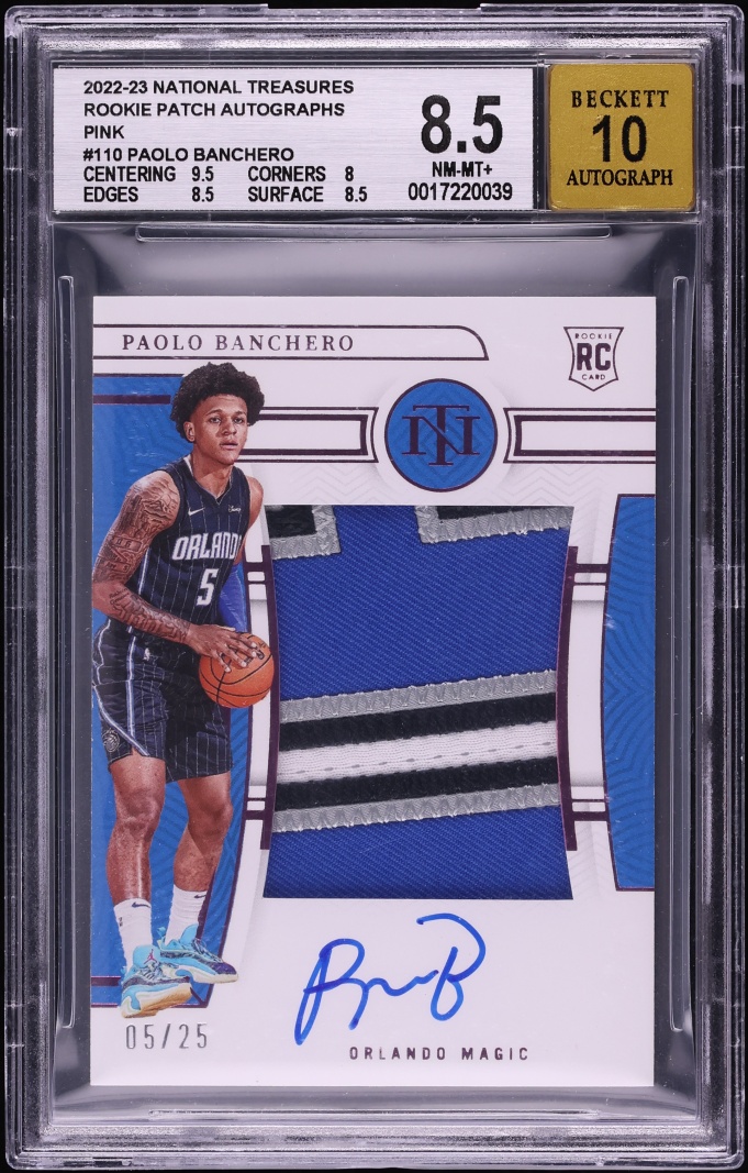 2022 National Treasures Pink Paolo Banchero ROOKIE PATCH AUTO JSY # 5/25 #110 BGS 8.5 NM-MT+