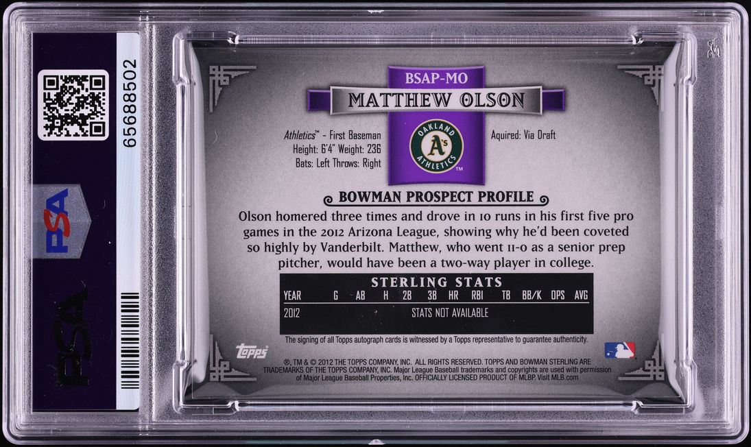 2012 Bowman Sterling Purple Refractor Matthew Olson PROSPECT AUTO /10 #MO PSA 9 MINT