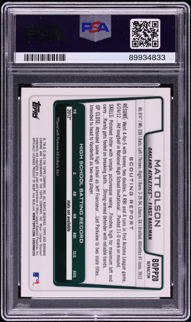 2012 Bowman Chrome Draft Picks & Prospects Refractor Matt Olson PROSPECT #20 PSA 10 GEM MINT