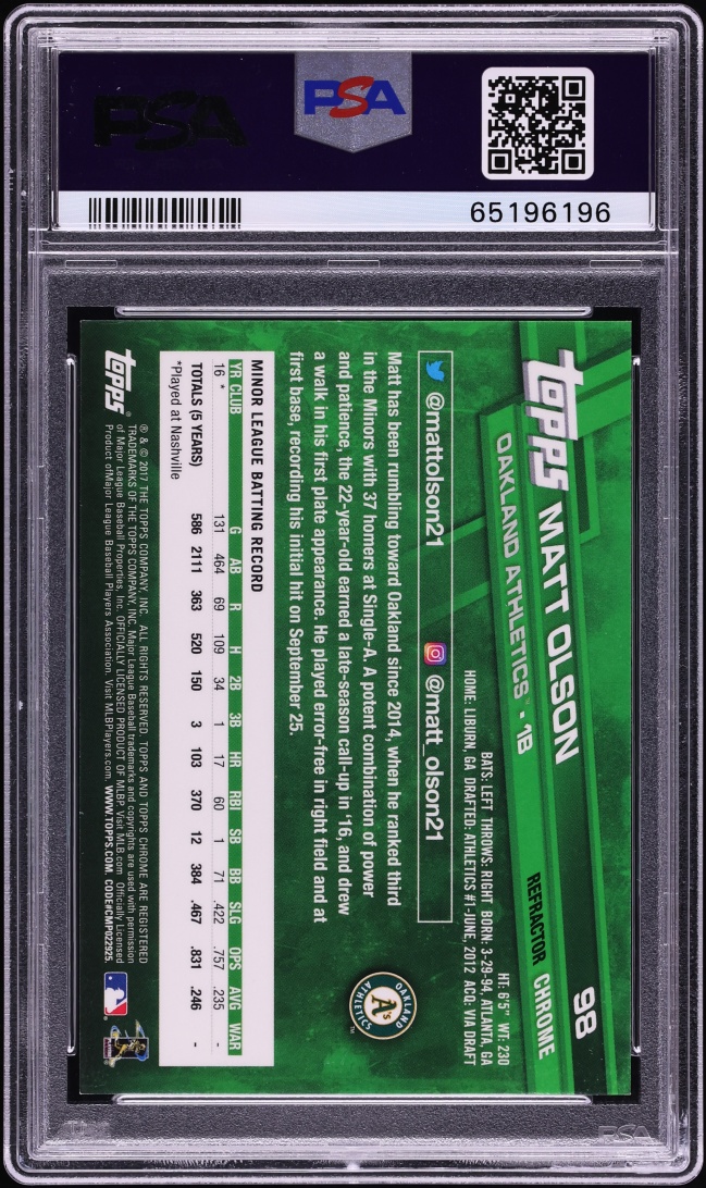 2017 Topps Chrome Xfractor Matt Olson ROOKIE #98 PSA 9 MINT