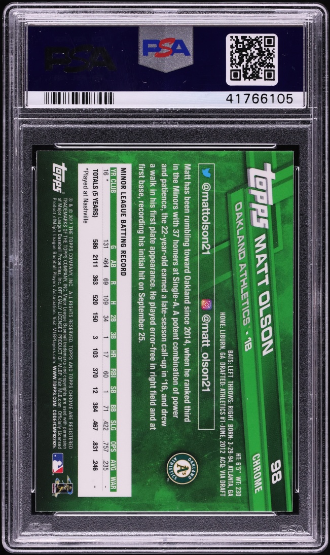 2017 Topps Chrome Prism Refractor Matt Olson ROOKIE #98 PSA 10 GEM MINT
