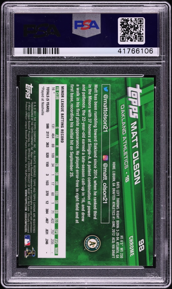 2017 Topps Chrome Negative Refractors Matt Olson ROOKIE #98 PSA 10 GEM MINT