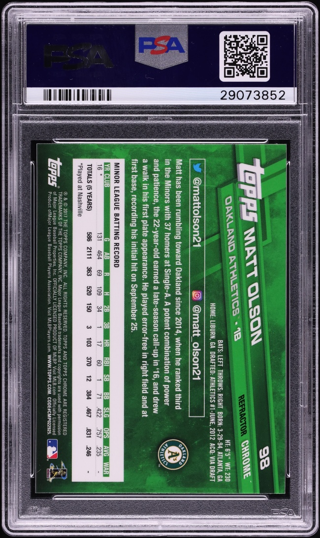 2017 Topps Chrome Sepia Refractor Matt Olson ROOKIE #98 PSA 10 GEM MINT