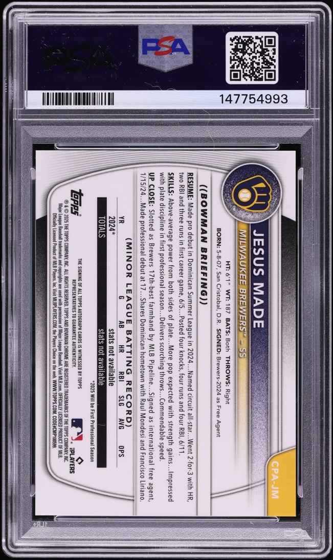 2025 Bowman Chrome Green Refractor Jesus Made PROSPECT AUTO /99 #CPA-JM PSA 10 GEM MINT
