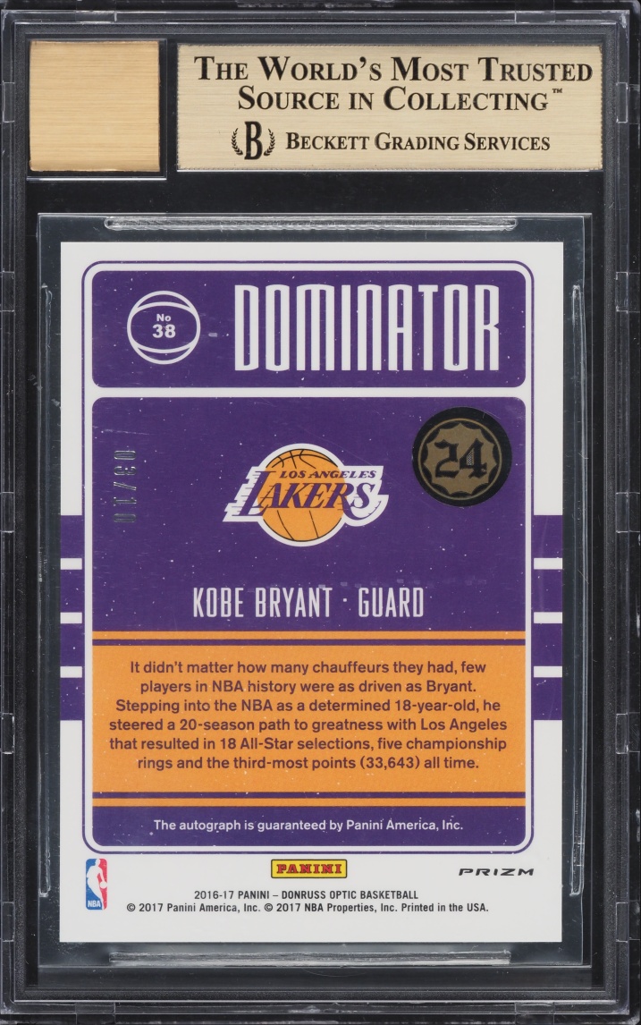 2016 Donruss Optic Dominator Signatures Gold Kobe Bryant AUTO /10 #38 BGS 9.5 GEM MINT