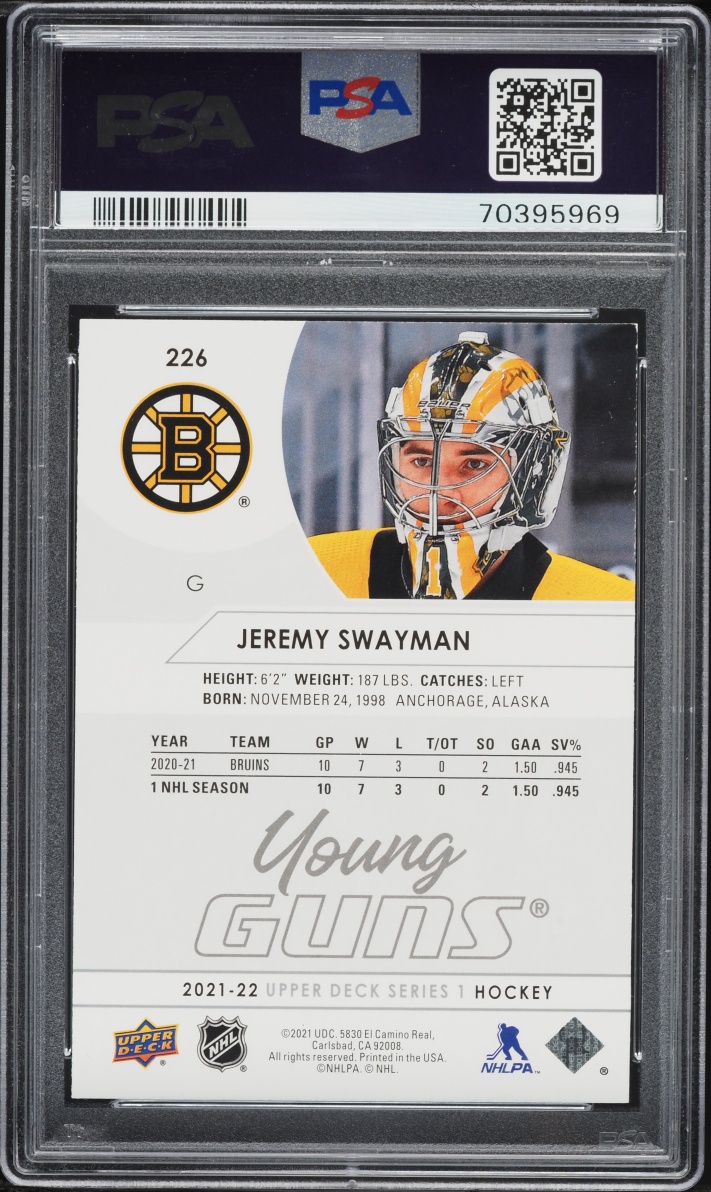 2021 Upper Deck Young Guns Jeremy Swayman ROOKIE #226 PSA 9 MINT