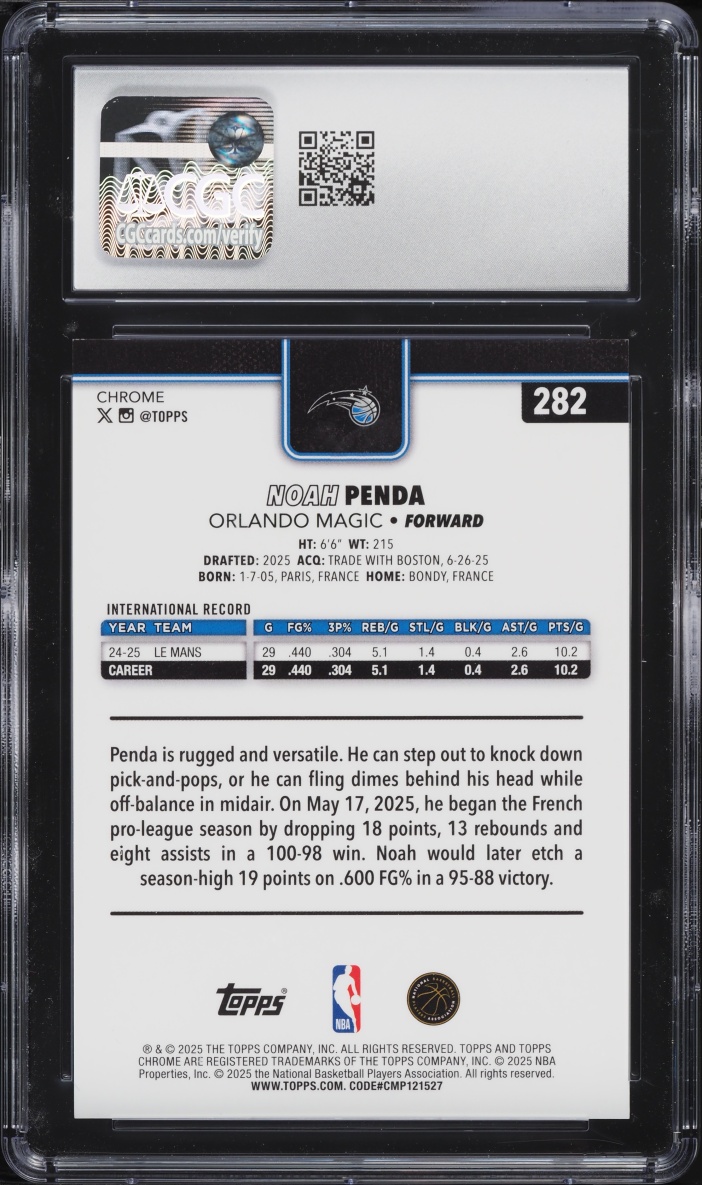 2025 Topps Chrome Gold Wave Refractor Noah Penda ROOKIE /50 #282 CGC 9.5 MINT+