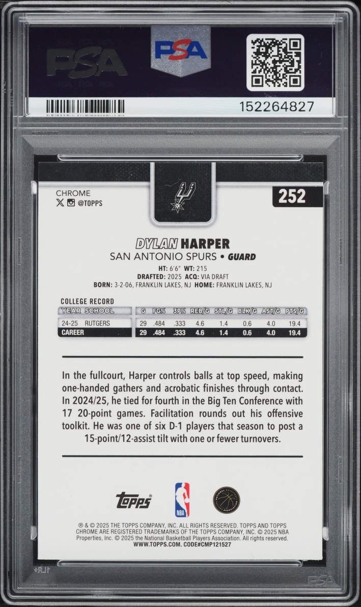 2025 Topps Chrome Sapphire Edition Dylan Harper ROOKIE #252 PSA 10 GEM MINT