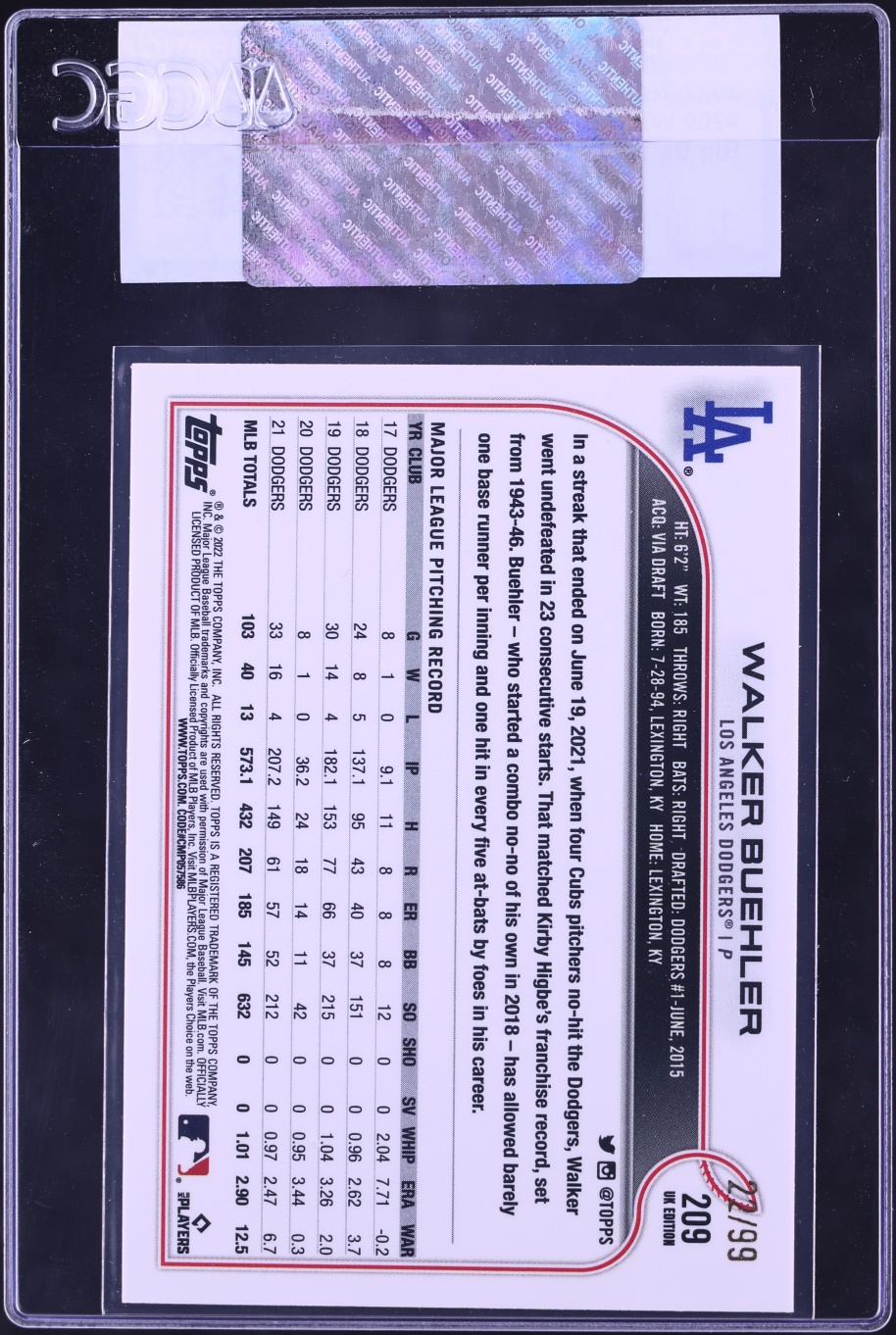 2022 Topps UK Edition Big Ben Walker Buehler /99 #209 CGC AUTH