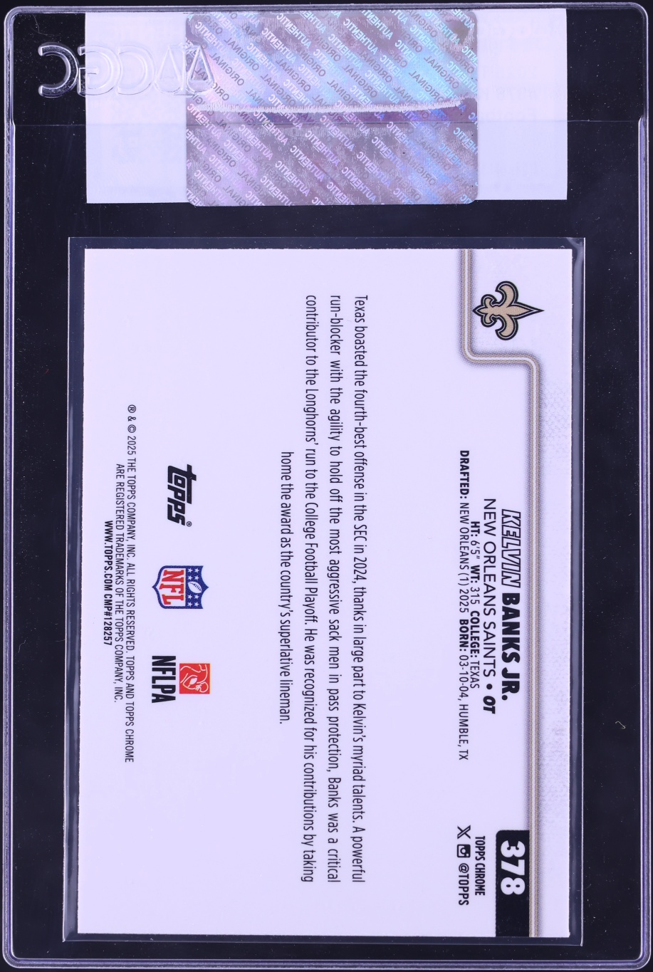 2025 Topps Chrome Football Leather Refractor Kelvin Banks Jr. ROOKIE #378 CGC AUTH