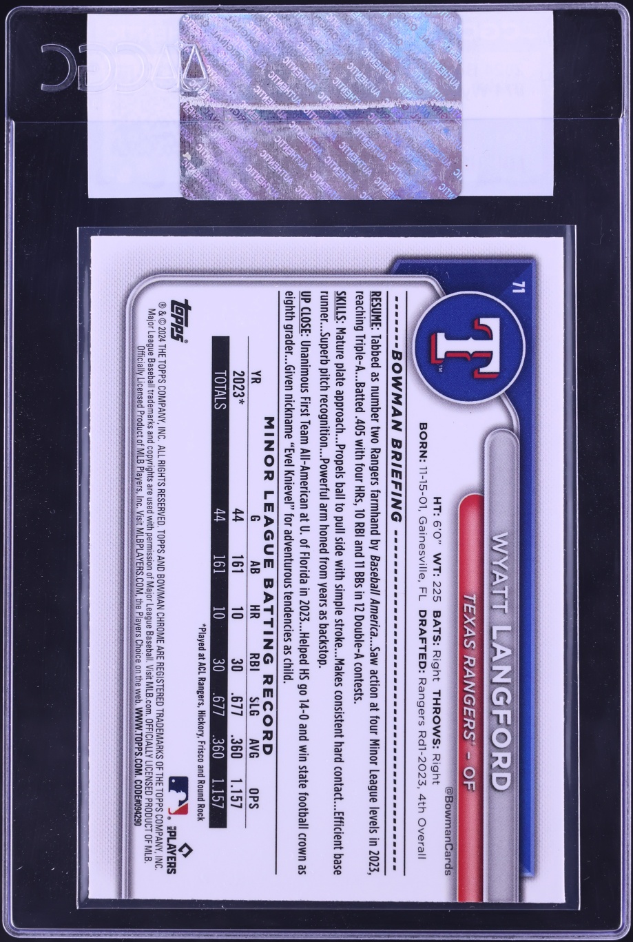 2024 Bowman Chrome Mega Box Wyatt Langford ROOKIE #71 CGC AUTH