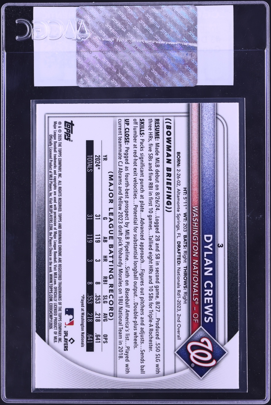 2025 Bowman Chrome Geometric Refractor Dylan Crews ROOKIE /499 #3 CGC AUTH
