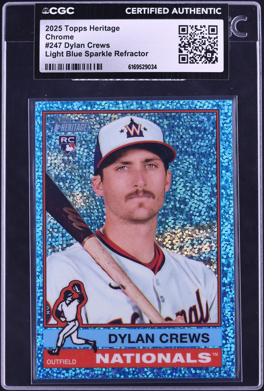 2025 Topps Heritage Chrome Light Blue Sparkle Refractor Dylan Crews ROOKIE #247 CGC AUTH