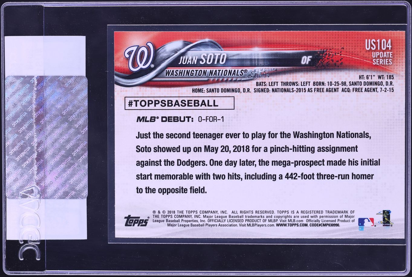 2018 Topps Update Juan Soto ROOKIE #US104 CGC AUTH