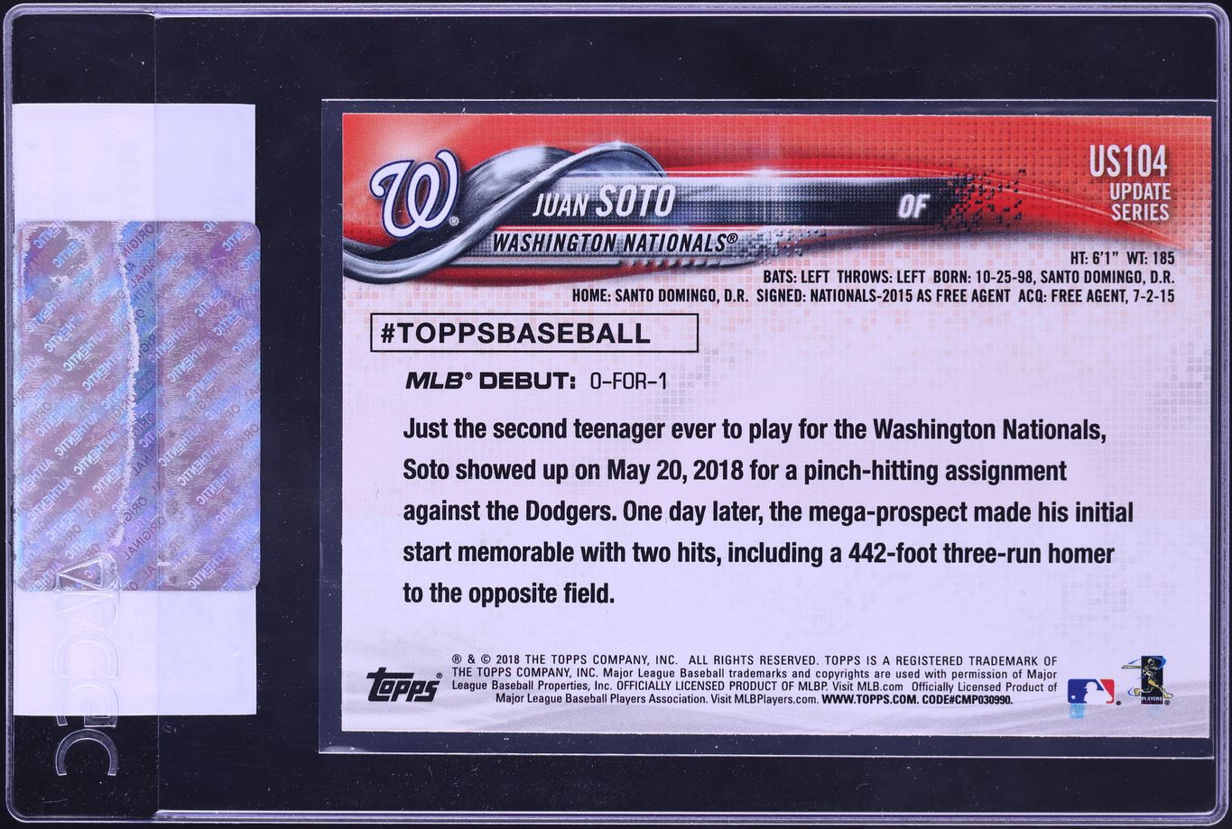 2018 Topps Update Juan Soto ROOKIE #US104 CGC AUTH