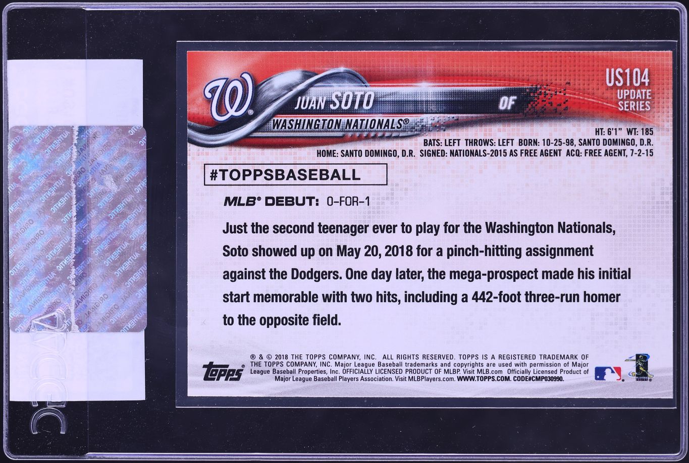 2018 Topps Update Juan Soto ROOKIE #US104 CGC AUTH