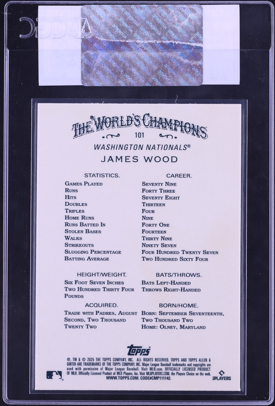 2025 Topps Allen & Ginter Chrome James Wood ROOKIE #101 CGC AUTH