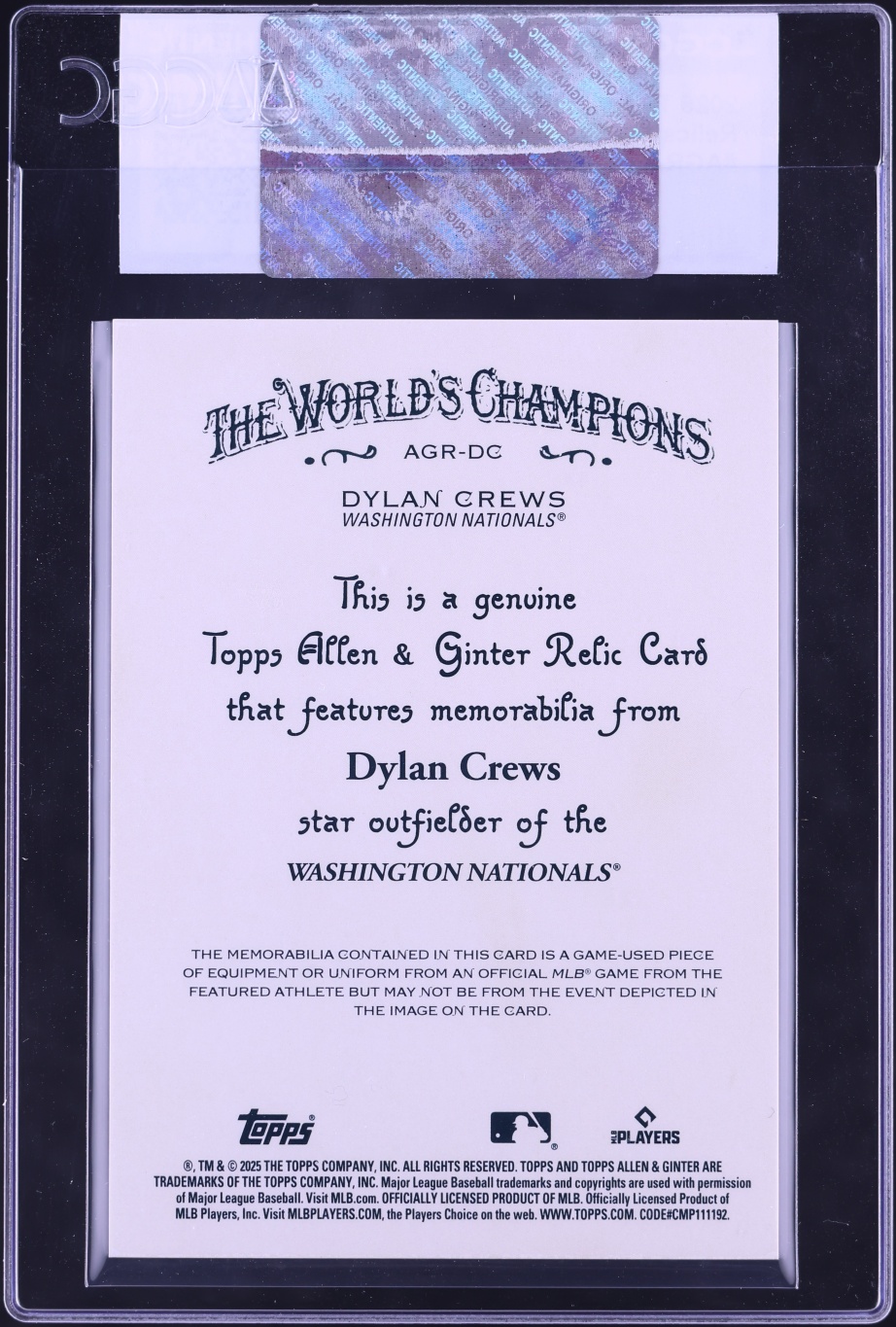 2025 Topps Allen & Ginter Relics Dylan Crews ROOKIE PATCH #AGR-DC CGC AUTH