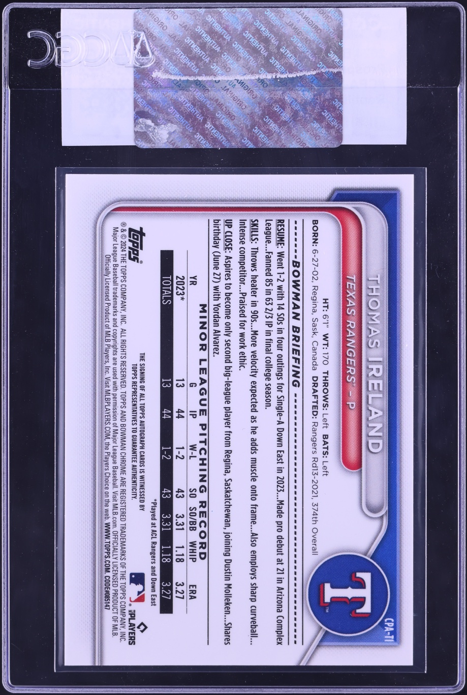 2024 Bowman Chrome Reptilian Green Refractor Thomas Ireland PROSPECT AUTO /99 #CPA-TI CGC AUTH