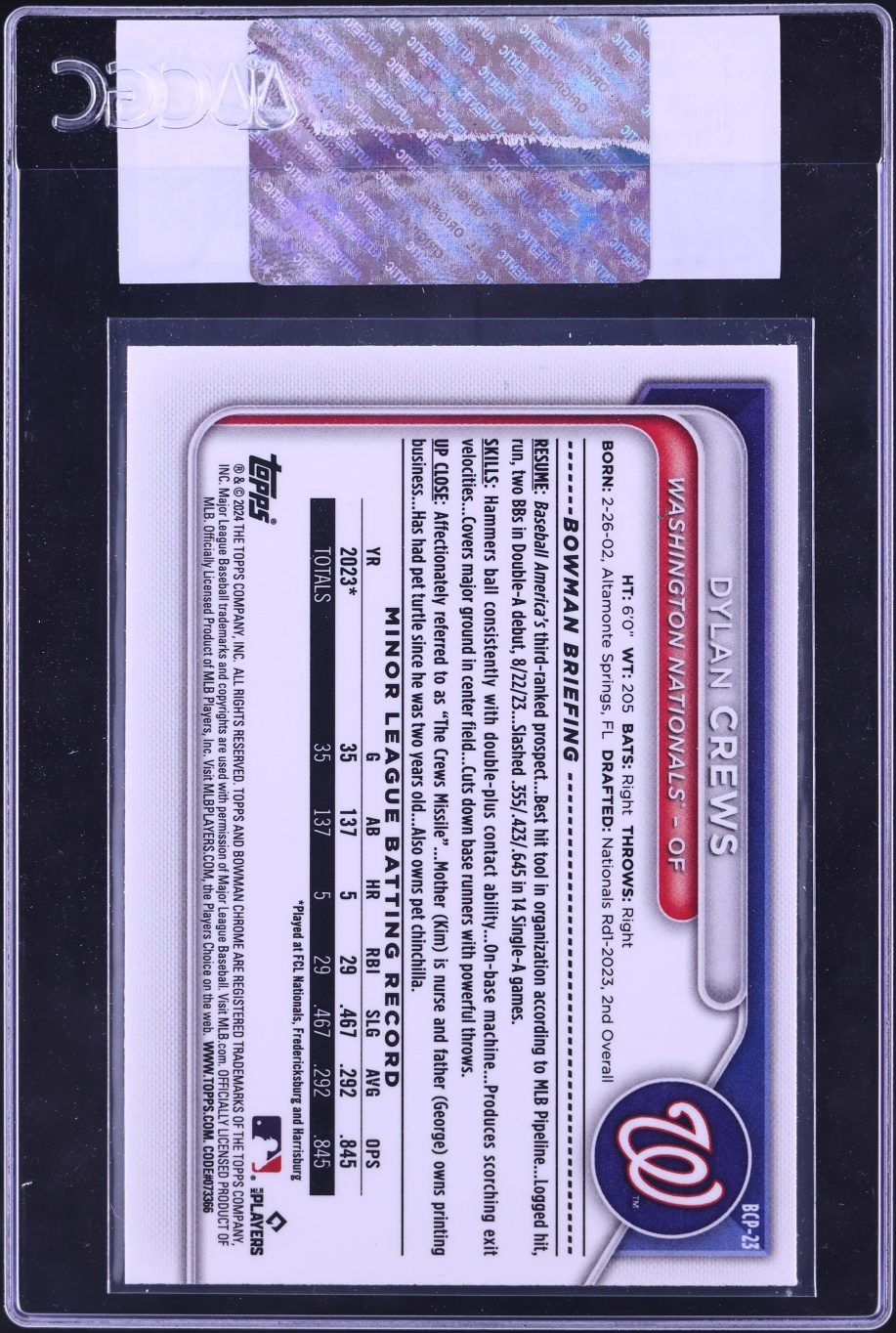 2024 Bowman Chrome Mega Box Dylan Crews PROSPECT #BCP-23 CGC AUTH