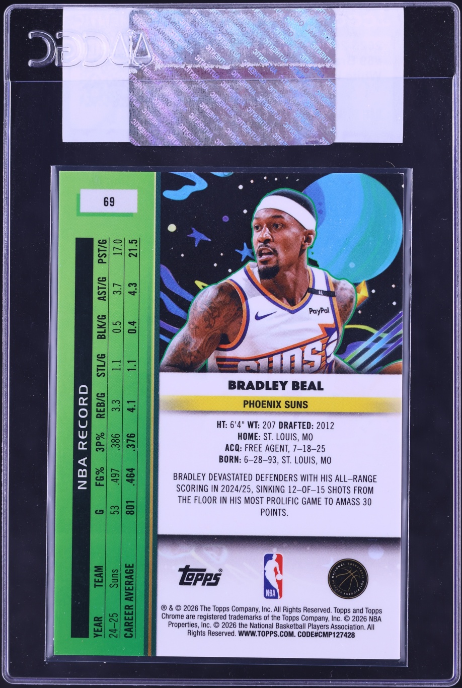 2025 Topps Chrome Cosmic White Hole Refractor Bradley Beal #69 CGC AUTH