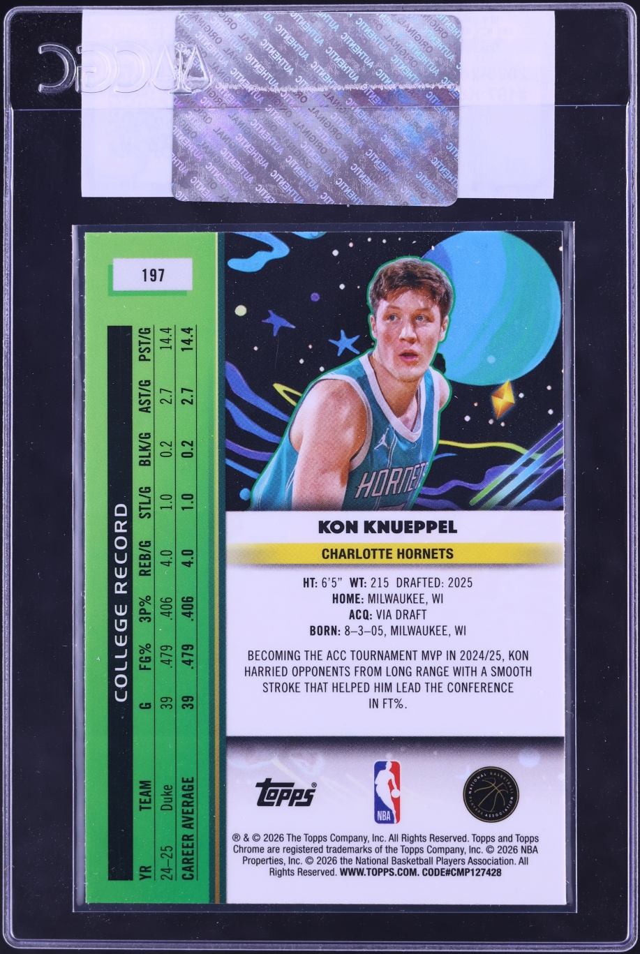 2025 Topps Chrome Cosmic Kon Knueppel ROOKIE #197 CGC AUTH