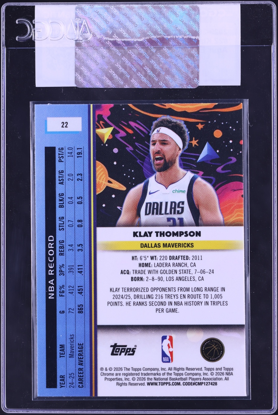 2025 Topps Chrome Cosmic Aqua Equinox Refractor Klay Thompson /199 #22 CGC AUTH