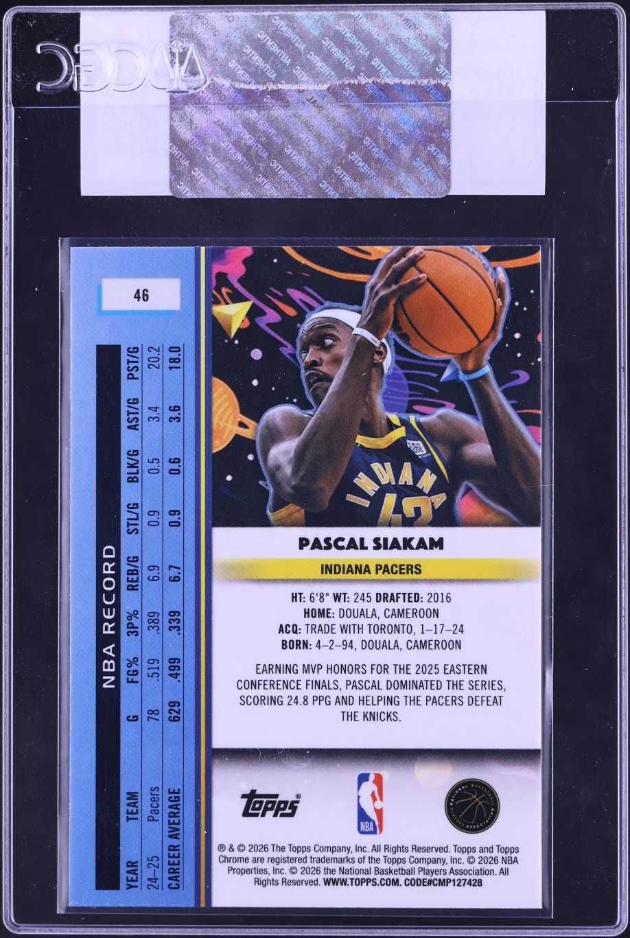 2025 Topps Chrome Cosmic Purple Nebula Refractor Pascal Siakam /150 #46 CGC AUTH