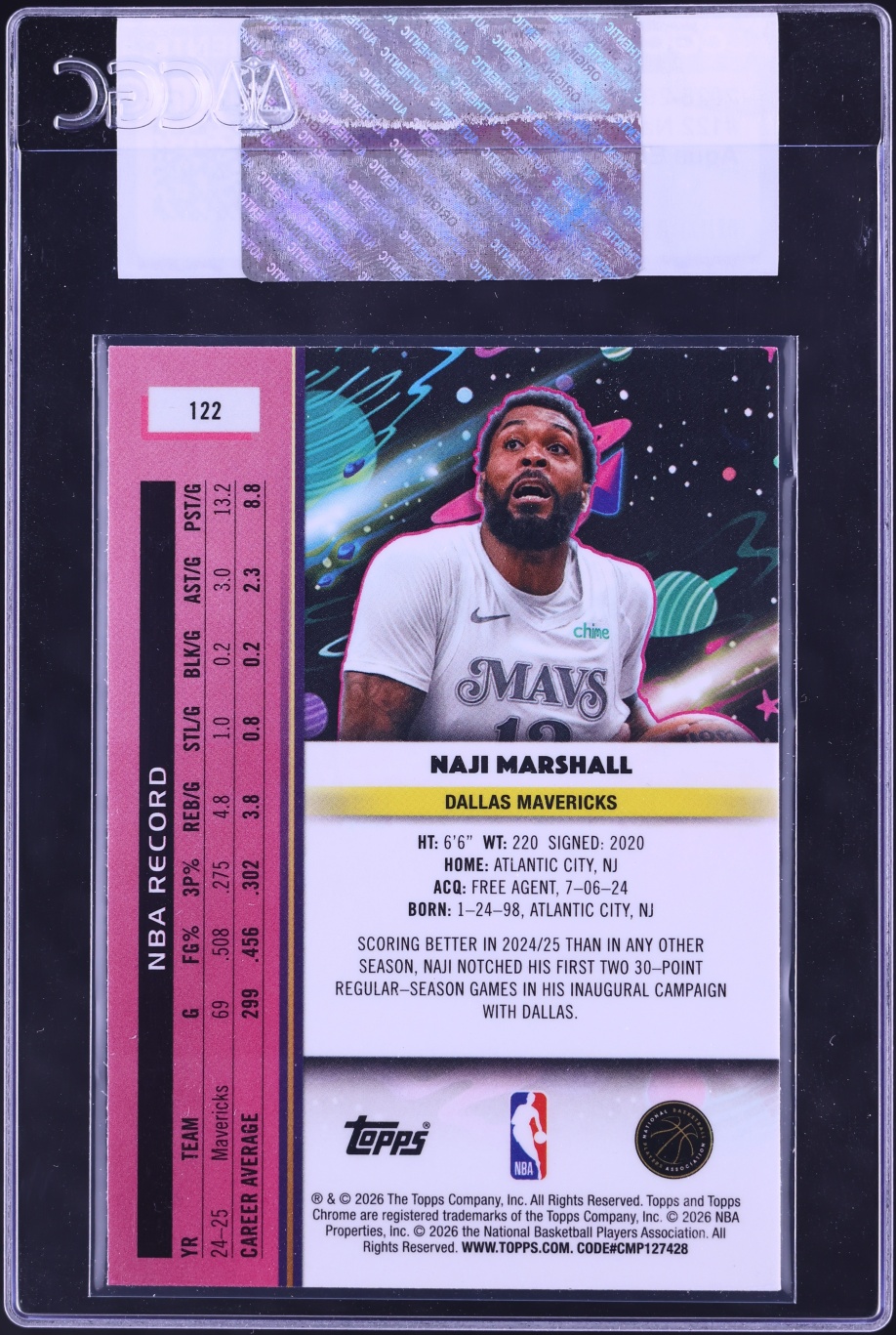 2025 Topps Chrome Cosmic Aqua Equinox Refractor Naji Marshall /199 #122 CGC AUTH