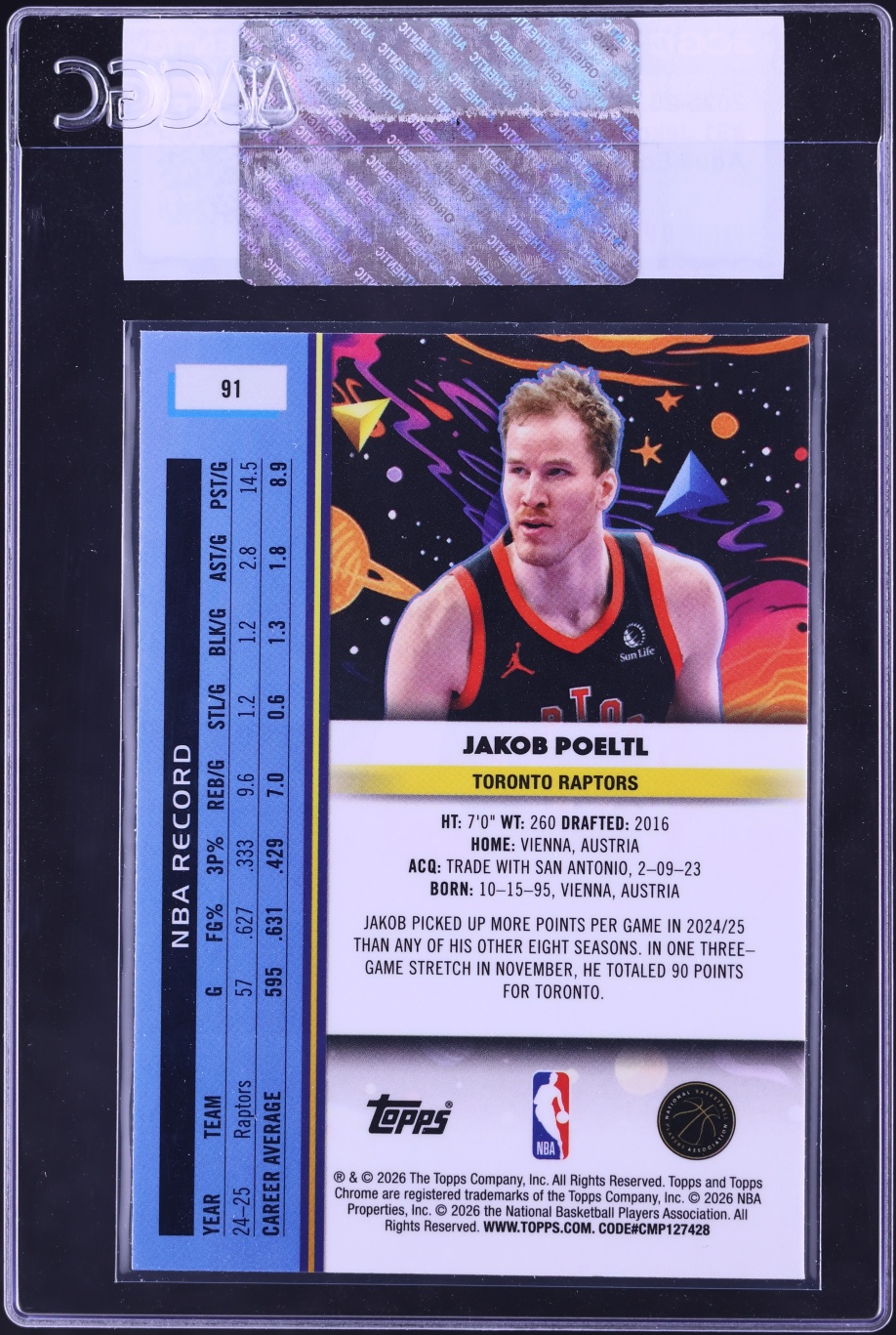 2025 Topps Chrome Cosmic Aqua Equinox Refractor Jakob Poeltl /190 #91 CGC AUTH