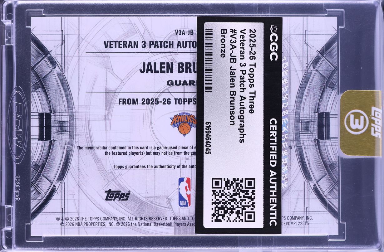 2025 Topps Three Veteran 3 Bronze Jalen Brunson PATCH AUTO /25 #V3A-JB CGC AUTH