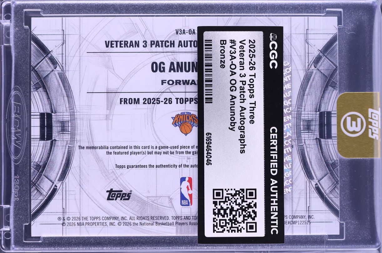 2025 Topps Three Veteran 3 Bronze OG Anunoby PATCH AUTO /25 #V3A-OA CGC AUTH