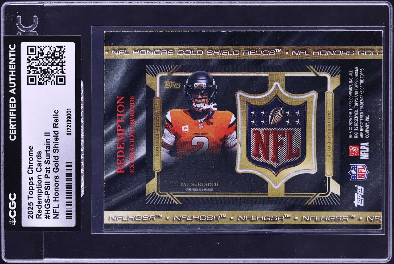 2025 Topps Chrome DPOY NFL Honors Gold Redemption Pat Surtain II NFL SHIELD PATCH /3