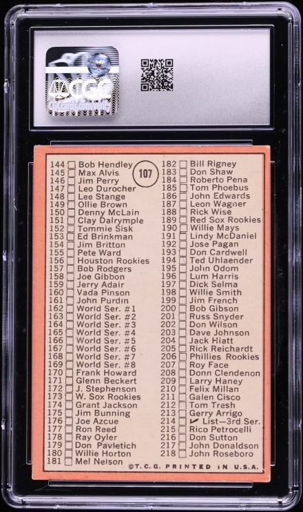 1969 Topps Checklist 110-218 Bob Gibson 161 IS JOHN PURDIN #107 CGC 3.5 VG+