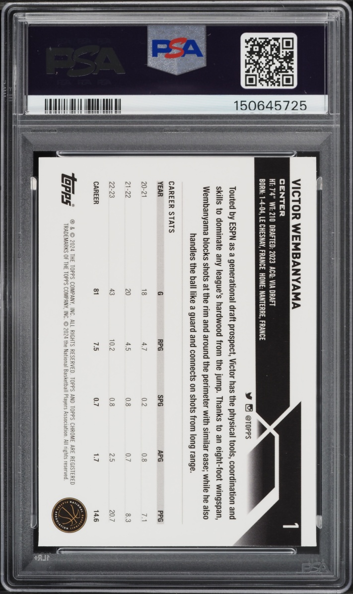 2023 Topps Chrome Victor Wembanyama ROOKIE #1 PSA 9 MINT