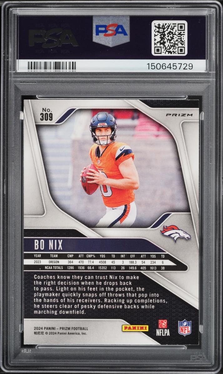 2024 Panini Prizm Pink Bo Nix ROOKIE #309 PSA 9 MINT